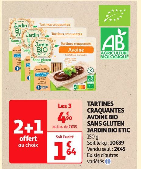 TARTINES CRAQUANTES AVOINE BIO SANS GLUTEN JARDIN BIO ETIC