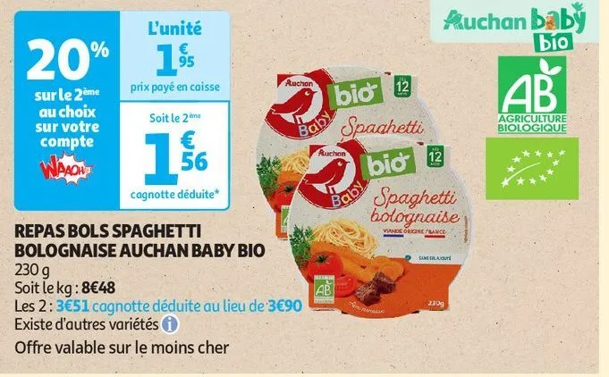 repas bols spaghetti bolognaise auchan baby bio