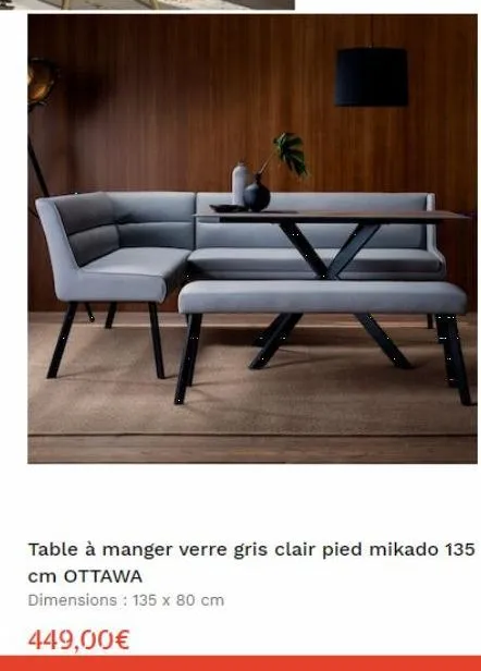 table à manger verre gris clair pied mikado 135  cm ottawa  dimensions : 135 x 80 cm  449,00€ 