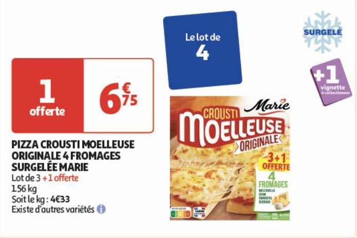 PIZZA CROUSTI MOELLEUSE ORIGINALE 4 FROMAGES SURGELE MARIE