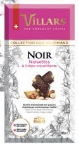 TABLETTES DE CHOCOLAT NOIR NOISETTES & CREPE CROUSTILLANTE VILLARS 