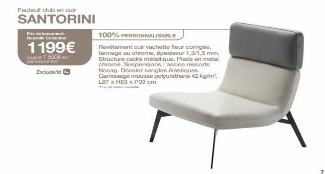 Fauteuil club en cuir  SANTORINI  Prix de lancement Nouvelle Collection  1199€  AULIEU DE 1 590€ PVC  DONT 50€ ECO-PART  Exclusivité  100% PERSONNALISABLE  Revêtement cuir vachette fleur corrigée, tan