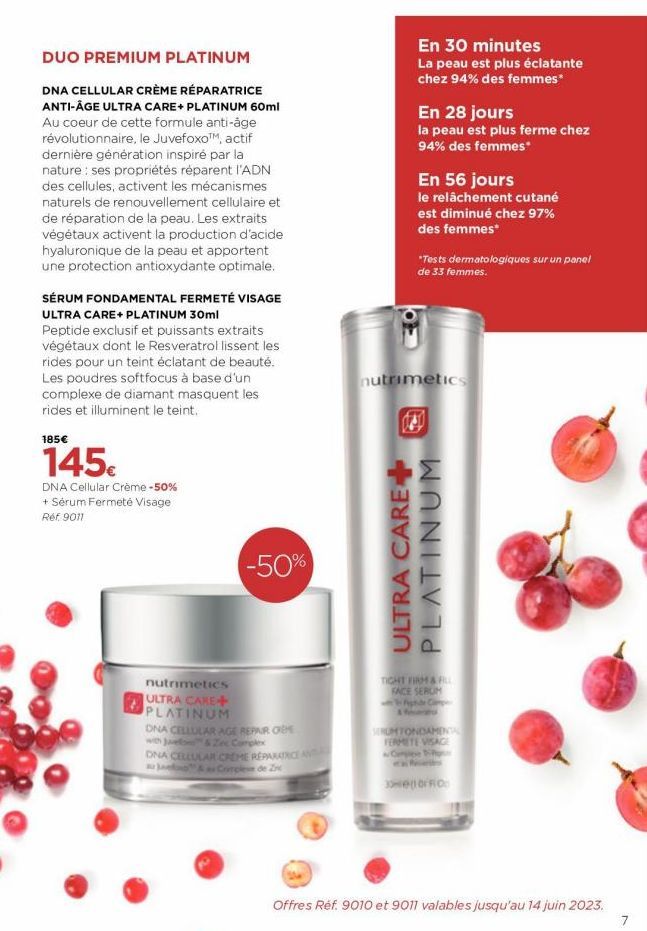 DUO PREMIUM PLATINUM  DNA CELLULAR CRÈME RÉPARATRICE ANTI-ÂGE ULTRA CARE+ PLATINUM 60ml Au coeur de cette formule anti-âge révolutionnaire, le Juvefoxo, actif dernière génération inspiré par la nature