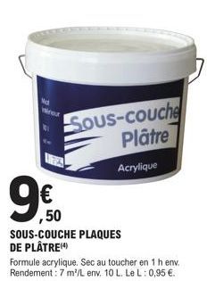 Md  Wirour  ,50  SOUS-COUCHE PLAQUES DE PLÂTRE(4)  Sous-couche Plâtre  Acrylique  Formule acrylique. Sec au toucher en 1 h env. Rendement: 7 m³/L env. 10 L. Le L: 0,95 €. 