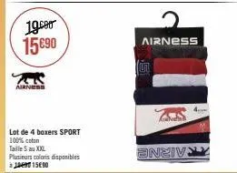 1990 15 €90  airness  lot de 4 boxers sport  100% coton  taille s au xxl  plusieurs coloris disponibles 1971590  airness  ú  enziv 