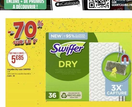 70%  sur le 2  soit par 2 l'unité:  5€85  lingettes dry balai swiffer  * 36  autres varetes ou poids disponibles l'unité: 4€  new 95% allergen  removal  swiffer  dry  je kulttegattaari asulion prowadn