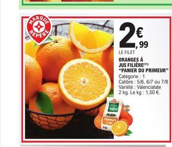 MARQUA  PLARE GRANGES  99  LE FILET  ORANGES À JUS FILIÈRE)  "PANIER DU PRIMEUR"  Catégorie: 1  Calibre: 5/6, 6/7 ou 7/8 Variété Valencialate. 2 kg. Le kg: 1,50 €. 