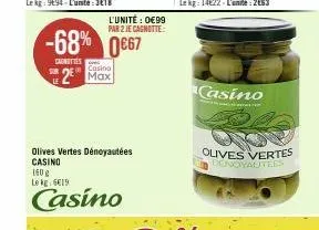 sur  l'unité : 0€99 par 2 je cagnotte:  -68% 0667  cagnettes  2 max  olives vertes dénoyautées casino 160 g  le kg 6€19  casino  casino  olives vertes denoyautees 