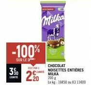 3%  l'unite  -100%  sur le 3  milka  sont par  220 200  chocolat noisettes entières  le kg: 16650 ou x3 11€00 
