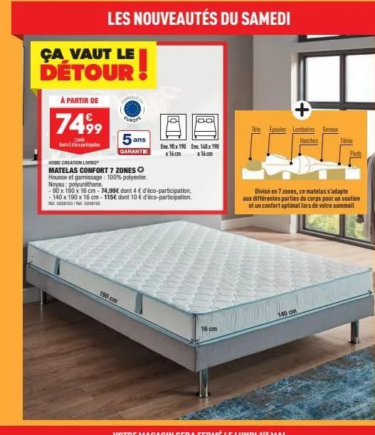 ça vaut le détour  à partir de  749⁹9  l'initi  dontif dico participatte  les nouveautés du samedi  home creation living  matelas confort 7 zones  housse et gamissage: 100% polyester.  noyau: polyurét