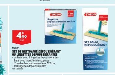 499  Leist  TWIDO  SET DE NETTOYAGE DÉPOUSSIÈRANT OU LINGETTES DÉPOUSSIÉRANTES - un balai avec 8 lingettes dépoussiérantes. Balai avec manche télescopique d'une hauteur maximum d'env. 128 cm, -110 lin