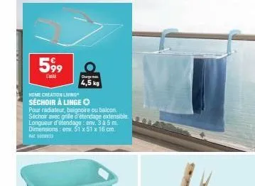 599  l  home creation living  séchoir à linge  charge  4,5 kg  pour radiateur, baignoire ou balcon. séchoir avec grile d'étendage extensible. longueur d'étendage: env. 3 à 5 m. dimensions: env. 51 x 5