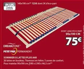 dreamzone*  petit prix permanent  plus 140x190 cm 125€ dont 3€ d'éco-part  confort &quaute  sommier a lattes plus a40  26 lattes en bouleau. traverses en hétre. 5 zones de confort. pour matelas 90x190