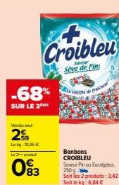 Vendu se  -68%  SUR LE 2 ME  Lekg 10.36€  Le produt  Croibleu  Saveur  Seve de Pin  083  souffle de fraiche  Bonbons CROIBLEU  Saveur Pin ou Eucalyptus,  250 g Soit Soit le kg: 6,84 €  les 2 produits: