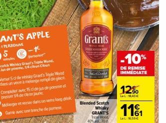 5  minutes  -1€  personne  Verser 5 d de whisky Grant's Triple Wood dans un verre à mélange rempli de glace Compléter avec 15 cl de jus de pomme et presser 1/4 de otron jaune  Melanger et verser dans 