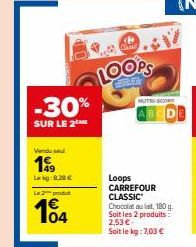 -30%  SUR LE 2  Vendu sel  199  Lekg: 8,28 €  L2produ  104  nath Chan  LOOPS  MUTRI-SCO  Loops CARREFOUR CLASSIC  Chocolat au lait, 180 g. Soit les 2 produits  2,53 €  Soit le kg: 7,03 € 