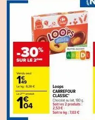 -30%  sur le 2  vendu sel  199  lekg: 8,28 €  l2produ  104  nath chan  loops  mutri-sco  loops carrefour classic  chocolat au lait, 180 g. soit les 2 produits  2,53 €  soit le kg: 7,03 € 