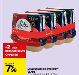 glade  GELS DESODORISANTS OFFERTS  La lot de 4  7⁹8  98  45 JOURS K  OURS  2+2  OURS  Désodorisant gel intérieur GLADE Cerise & floral, lot de 4, 2+2 Offerts 