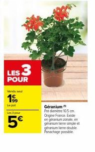 LES 3  POUR  Vendu se  199  Lepot  Les 3 pour  5€  Géranium Pot diamètre 10.5 cm. Origine France. Existe en géranium zonale, en géranium liere simple et geranium lierre double Panachage possible. 