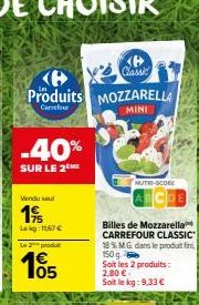 3724  Classic  Produits MOZZARELLA  Carrefour  MINI  -40%  SUR LE 2 ME  Vendu sel  19/  Lekg: 1167€ Le produ  105  MUTRI-SCORE  Billes de Mozzarella CARREFOUR CLASSIC 18% M.G. dans le produit fini 150