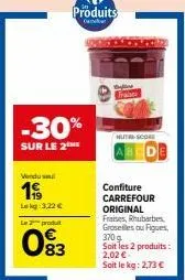 vendusel  199  lekg 3,22 €  -30%  sur le 2  la produt  0⁹3  produits  ca  mutscore  confiture carrefour original fraises, rhubarbes groselles ou figues, 370 g  soit les 2 produits: 2,02 €. soit le kg: