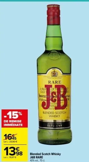 -15%  de remise immediate  165  le l: 23,50 €  1398  le l: 19,97 €  rare  a ble of the puest old sotswh es  justerboks  at jame  the chor  nd  blended scotch whisky  refer&hooke estd 1749  blended sco