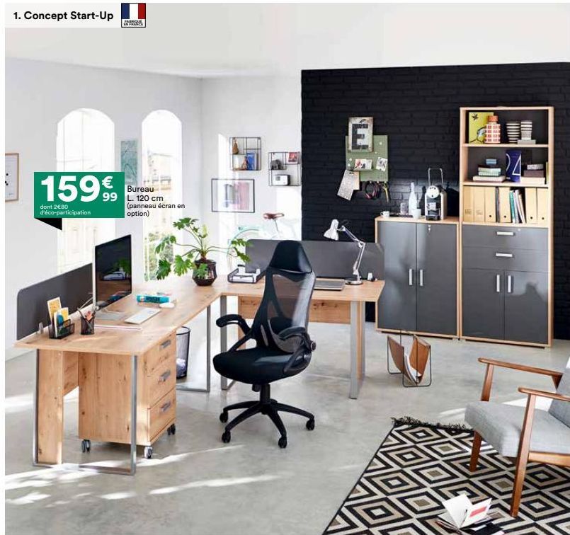 1. Concept Start-Up  1599  dont 2€80 d'éco-participation  FARIONA EN FRANCE  Bureau  (panneau écran en option)  BES  E  BA  