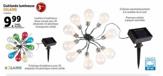 Don 007  Guirlande lumineuse SOLAIRE 384304  L'ami au choix  Eclairage d'ambiance avec 10 SOLAIRE ampoules en plastique coloré solide  35  Lumière d'ambiance blanc chaud avec 10 ampoules en plastique 