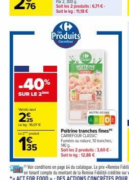 -40%  SUR LE 2™ME  Vendu seul  225  Le kg: 16,07 €  Le 2 produit  €  19/5  35  (6 Produits  Carrefour  Caste POITRINE TUNEY  NUTRI-SCORE  Poitrine tranches fines CARREFOUR CLASSIC  Fumées ou nature, 1