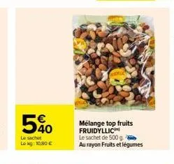 40  le sachet lokg: 10,80 €  mélange top fruits fruidyllic  le sachet de 500 g. au rayon fruits et légumes 