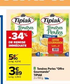 Tipiak  Tendres  -34%  DE REMISE IMMÉDIATE  5%  Le kg: 4,21 €  39⁹9  €  Lokg: 2,78 €  Tipiak  Tendres Perles  FAMILIAL  OFFRE COURMANDE  Lot 2  8 Tendres Perles "Offre Gourmande" ΤΙΡΙΑΚ 2 x 700 g  -BM