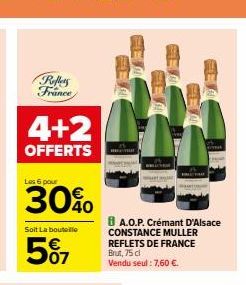 Reflets France  4+2  OFFERTS  Les 6 pour  30%O  Soit La bouteille  507  FE  BA.O.P. Crémant D'Alsace  CONSTANCE MULLER REFLETS DE FRANCE Brut, 75 cl Vendu seul: 7,60 €. 