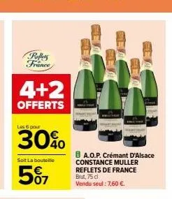 reflets france  4+2  offerts  les 6 pour  30%o  soit la bouteille  507  fe  ba.o.p. crémant d'alsace  constance muller reflets de france brut, 75 cl vendu seul: 7,60 €. 