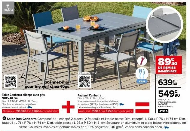 huba  scannez-moi  pour me voir chez vous  table canberra allonge auto gris  180/240 cm  dim.: l 180/240 x p 100 x h 77 cm.  structure en aluminium et plateau  en verre trempé texturé.  vendu seul : 3