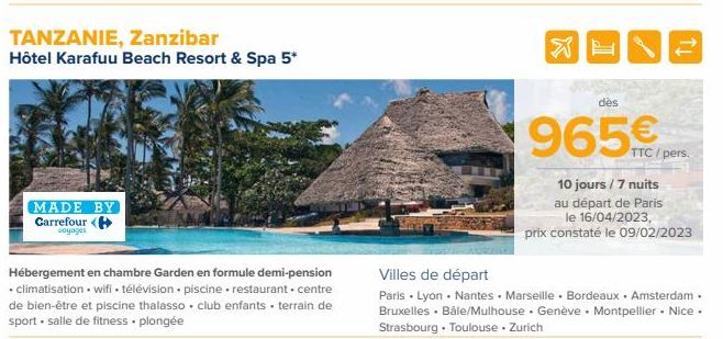 TANZANIE, Zanzibar  Hôtel Karafuu Beach Resort & Spa 5*  MADE BY  Carrefour (  voyages  Hébergement en chambre Garden en formule demi-pension • climatisation-wifi-télévision piscine restaurant centre 
