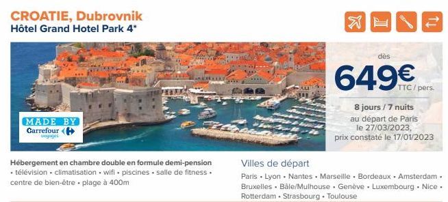 CROATIE, Dubrovnik Hôtel Grand Hotel Park 4*  MADE BY Carrefour (  voyages  Hébergement en chambre double en formule demi-pension • télévision • climatisation wifi piscines salle de fitness. centre de