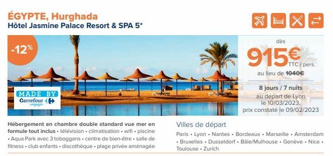 ÉGYPTE, Hurghada  Hôtel Jasmine Palace Resort & SPA 5*  -12%  MADE BY Carrefour (  voyages  Hébergement en chambre double standard vue mer en formule tout inclus télévision climatisation wifi piscine 