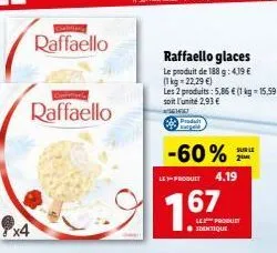 calling  raffaello  raffaello  raffaello glaces  le produit de 188 g: 419 €  (1 kg = 22,29 €)  les 2 produits: 5,86 € (1 kg = 15,59 €) soit l'unité 2,93 €  61467 produit  -60%  le-produit 4.19  1.67  
