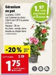 géranium en pot  la plante: 2,19 €  les 2 plantes au choix:  3,94 € soit 1.97 € la plante 12 cm  hauteur: 28 cm  au choix: zonale, lieme double ou simple lierre -62600/63603  -20%  la plante 2.19  175