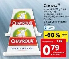 chavroux  chavroux  pur chèvre  chavroux  (2)  le produit de 150 g: 1,99 € (kg-13.27 €)  les 2 produits: 2,78 €  (1 kg 9,27 €) soit l'unité 1,39 € purchevre  13 % mat. gr. sur produit fimi  560440  pr