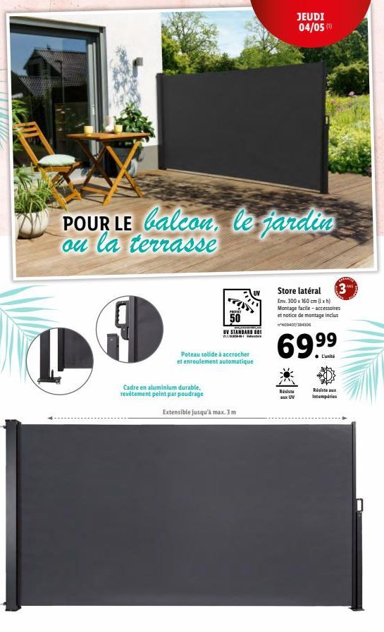 POUR LE balcon, le jardin ou la terrasse  Cadre en aluminium durable, revêtement peint par poudrage  P  50  Poteau solide à accrocher et enroulement automatique  UV  – KOKŲERATE VIEĻA  UV STANDARD 801