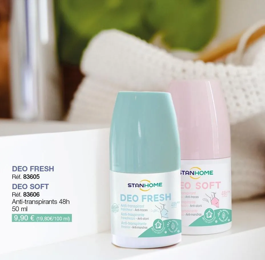 deo fresh  réf. 83605  deo soft  réf. 83606  anti-transpirants 48h  50 ml  9,90 € (19,80€/100 ml)  vegan  stanhome  deo fresh  anti-transpirant fraicheur -anti-traces anti-traspirante freschezza - ant