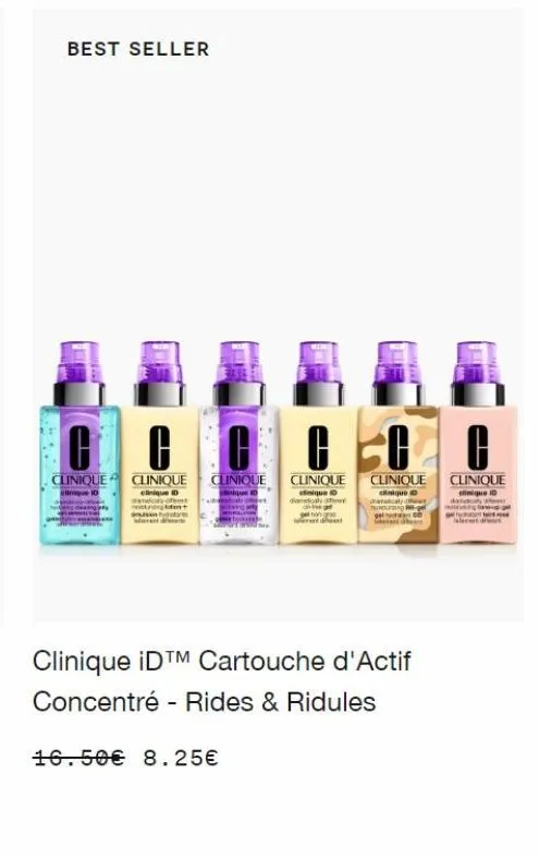 best seller  cc  clinique clinique clinique  clinique d  wh  c 60  16.50€ 8.25€  clinique  inique ⓒ  dan  clinique  clinique  tecnol  clinique idtm cartouche d'actif concentré - rides & ridules  c  cl