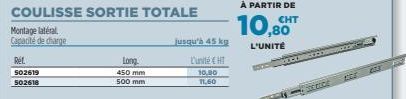 Rét. 502619 502618  COULISSE SORTIE TOTALE  Montage latéral Capacité de charge  Long.  450 mm  500 mm  jusqu'à 45 kg  L'unité € HT  10,80  11,60  À PARTIR DE  CHT  10,80  L'UNITÉ  1008 