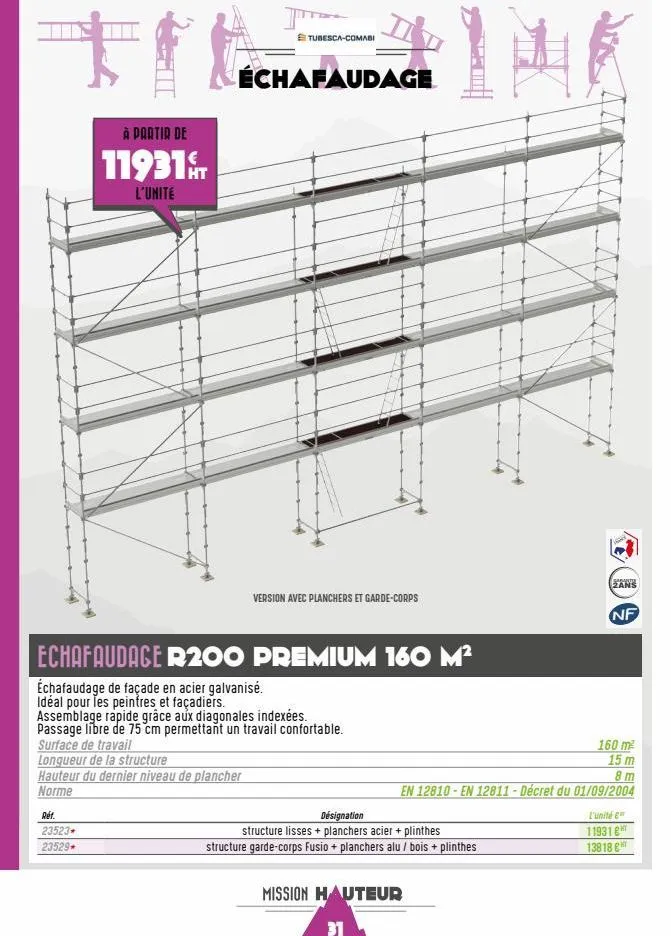 à partir de  11931  l'unite  ht  réf. 23523-23529+  t  longueur de la structure  hauteur du dernier niveau de plancher  norme  tubesca-comabi  échafaudage  echafaudage r200 premium 160 m²  échafaudage