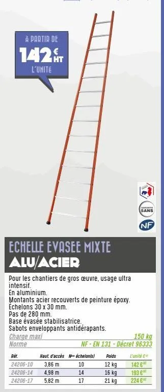 à partir de  142t  l'unité  echelle evasee mixte alu acier  pour les chantiers de gros œuvre, usage ultra intensif.  en aluminium.  montants acier recouverts de peinture époxy. échelons 30 x 30 mm. pa