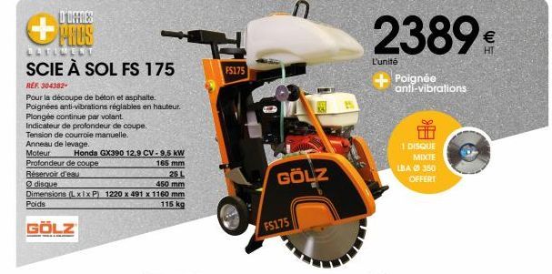 SCIE À SOL FS 175  REF. 304382- Pour la découpe de béton et asphalte. Poignées anti-vibrations réglables en hauteur. Plongée continue par volant. Indicateur de profondeur de coupe.  Tension de courroi