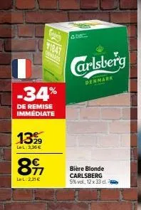 -34%  de remise immédiate  1399  lel:3.36€  8971  lal: 2,21 €  1847 chwards  4  carlsberg  denmark  bière blonde carlsberg 5% vol, 12 x 33 cl  