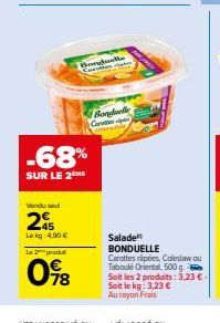 Vendu se  25  Lakg: 4.90€  Le 2 pro  098  -68%  SUR LE 2  Bongwelle ses p  Bonduelle Car  Salade BONDUELLE  Carottes rapées, Coleslaw ou Taboulé Oriental, 500 g.  Soit les 2 produits: 3,23 €-Soit le k