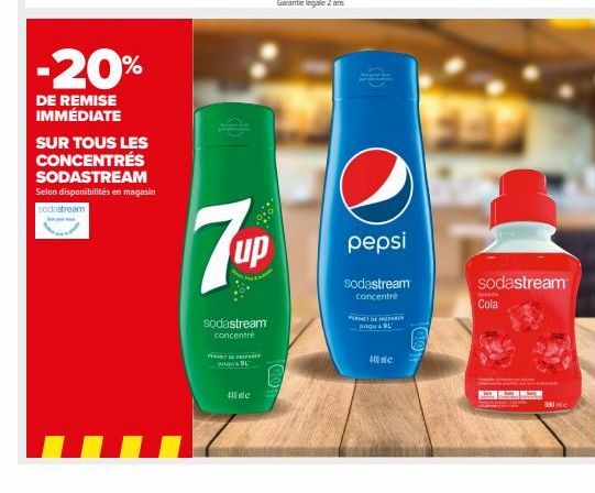 -20%  DE REMISE IMMÉDIATE  SUR TOUS LES CONCENTRÉS SODASTREAM Selon disponibilités en magasin  sodastream  7up  sodastream concentré  FERMET DE PR JUSQUA BL  ele  $  pepsi  sodastream concentré  PERSA